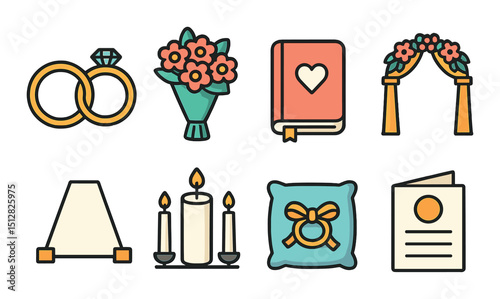 Ceremony essentials icon set in flat style. wedding, celebration, and event symbols