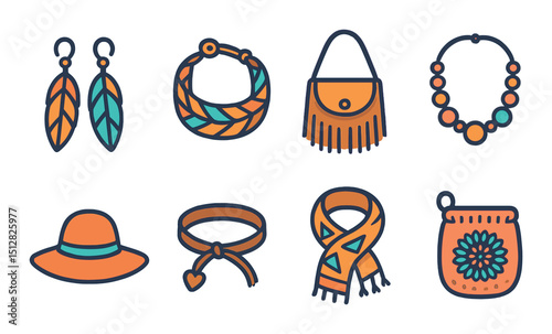 Boho style icon set featuring flat decorative elements and artistic symbols