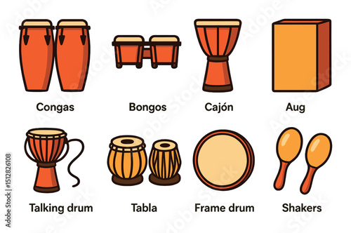 World percussion icon set in flat style. drum and instrument symbols for music design