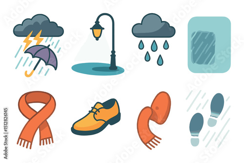 Rain and weather flat icon set. storm and precipitation symbols