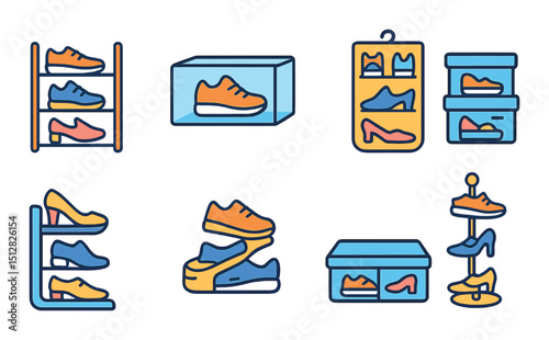 Shoe organization icon set: modern flat style footwear storage and tidying symbols