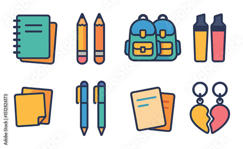 School supplies flat icon set. educational and stationery symbols