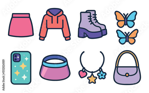 Y2k fashion flat icon set. nostalgic and retro style symbols for digital design