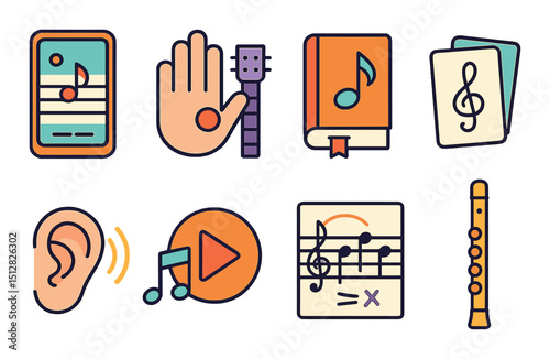 Music learning icon set in linear style. educational and instrumental symbols