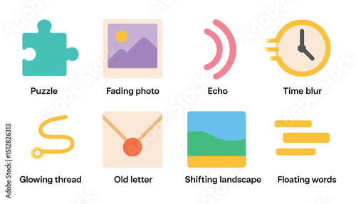 Memory fragments flat icon set. nostalgia and recollection graphics for storytelling