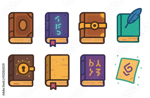 Ancient spellbook flat icon set. magical and mystical book symbols collection