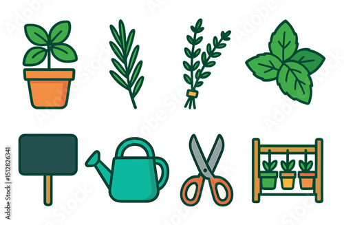 Herb and gardening flat icon set. plant care and green thumb symbols
