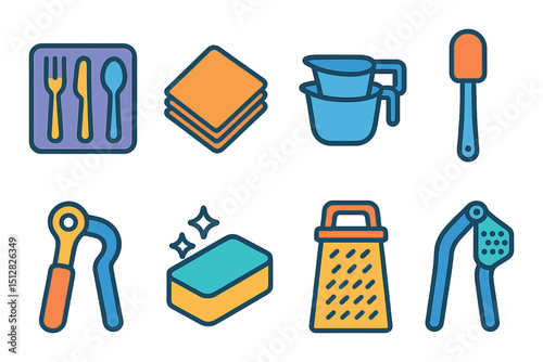 Kitchen utensil flat icon set. culinary tools and cooking essentials symbols