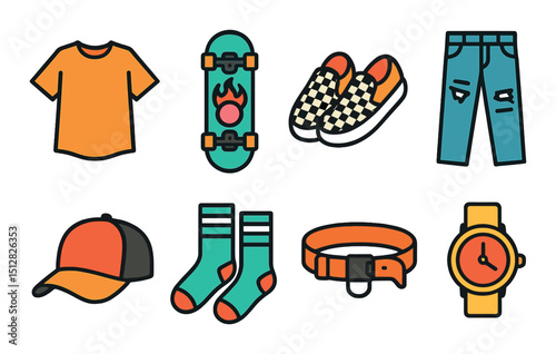 Skater style flat icon set. skateboarding, fashion, and urban culture symbols