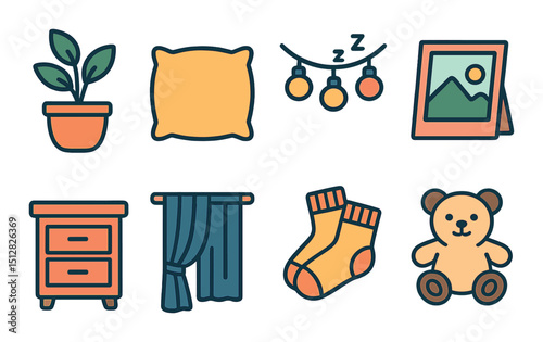 Cozy and sleepy flat icon set. comfort and relaxation symbols for home decor