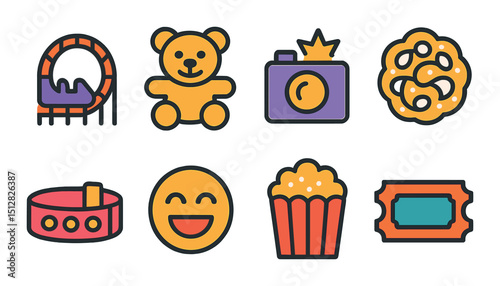 Amusement park flat icon set. theme park, entertainment, and fun symbols