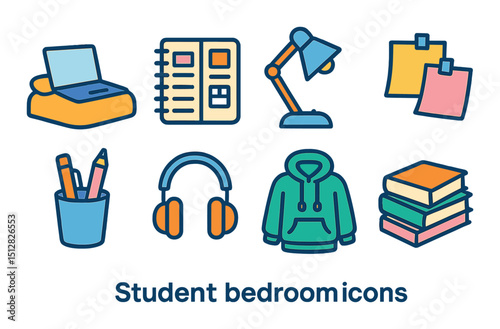 Student bedroom essentials icon set. flat style dorm room symbols and study items