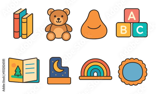 Children's corner flat icon set. kids, play, and childhood symbols