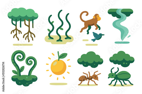 Jungle flat icon set. wildlife, nature, and rainforest symbols for eco projects