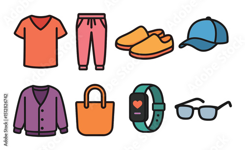Casual weekend flat icon set. relaxation and comfort symbols for lifestyle design