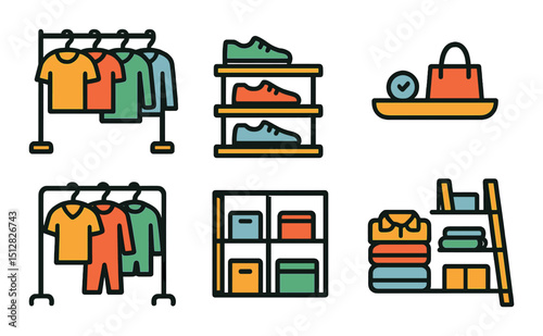 Wardrobe display flat icon set. clothing organization and storage symbols