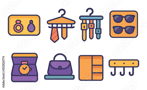 Fashion accessory icon set. flat style design with jewelry, clothes, and attire symbols