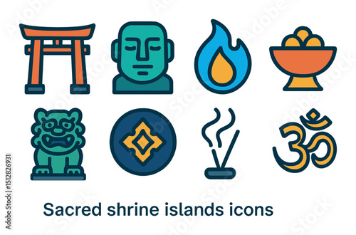 Sacred shrine icons set: flat style symbols for temples, worship, and spirituality