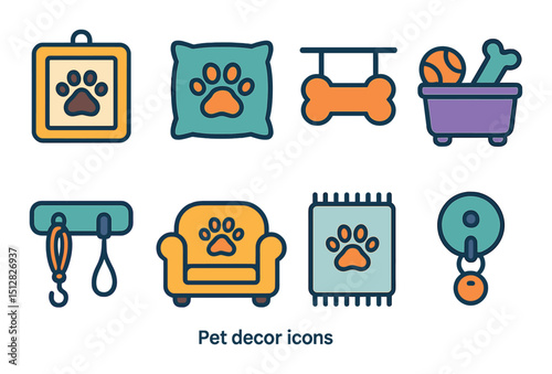 Pet decor flat icon set. animal accessory symbols and home decoration designs