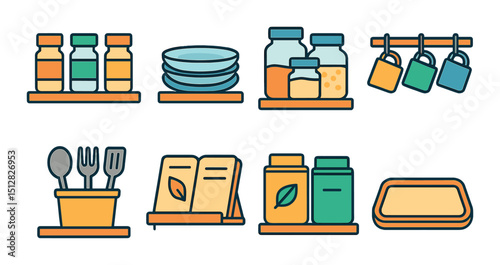 Kitchen shelf linear icon set. cookware and pantry essentials symbols