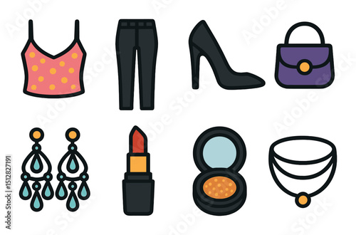 Night out flat icon set. evening style and nightlife symbols for fashion enthusiasts