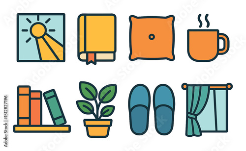 Home comfort flat icon set. cozy living essentials and relaxation symbols