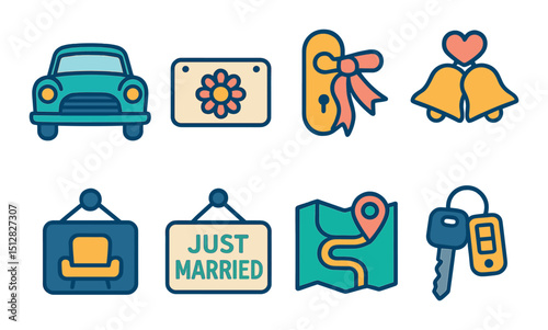 Wedding and celebration flat icon set. marriage and honeymoon symbols