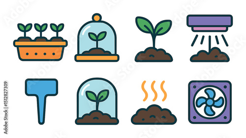 Gardening flat icon set. horticulture and greenhouse symbols for eco-friendly design