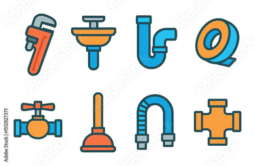 Plumbing flat icon set. simple repair, maintenance, and pipework symbols