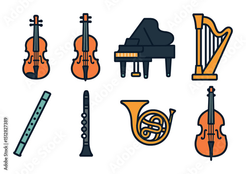 Classical music icon set in flat style. orchestra, instruments, musical symbols