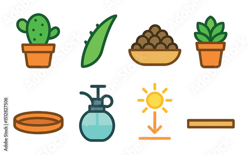 Succulent and gardening flat icon set: plant care and growth symbols