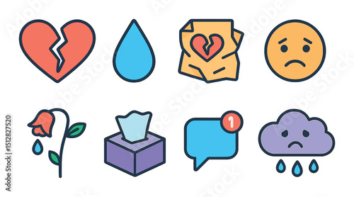 Heartbreak flat icon set. emotional feelings and sadness in simple symbols