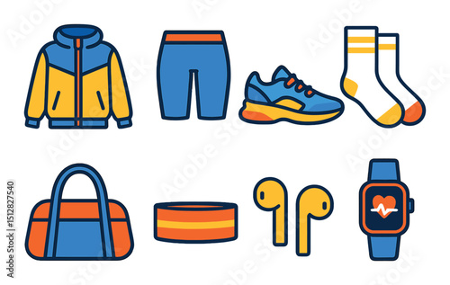 Athletic gear icon set: vibrant flat style symbols for fitness and sports