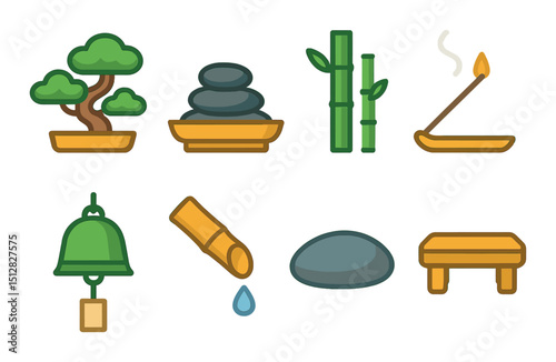 Zen garden flat icon set. meditation, relaxation, and harmony symbols