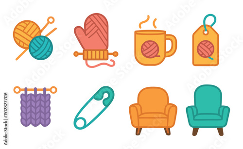 Knitting and sewing flat icon set. crafting and diy symbols for creative projects