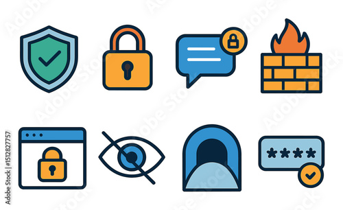 Online meeting security icon set in flat style. cyber safety and protection symbols