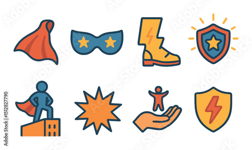 Superhero flat icon set. comic, hero, and fantasy symbols for creative design