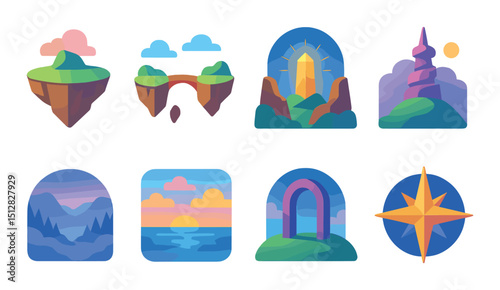 Dreamscape map silhouette icon set. fantasy, navigation, adventure symbols