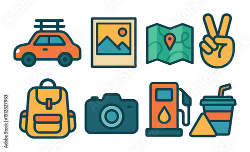 Road trip flat icon set. travel, adventure, and journey essentials symbols