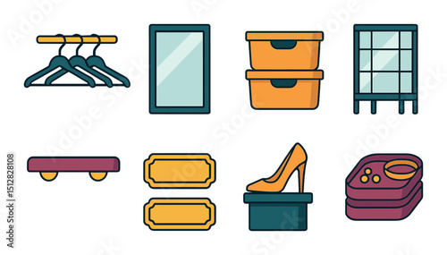 Luxury closet icon set, flat style. wardrobe and organizer symbols for home decor