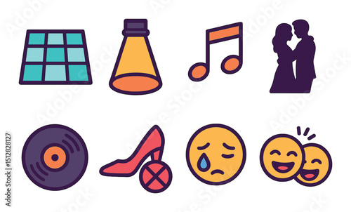 Dance and music icon set in flat style. party, rhythm, and celebration symbols