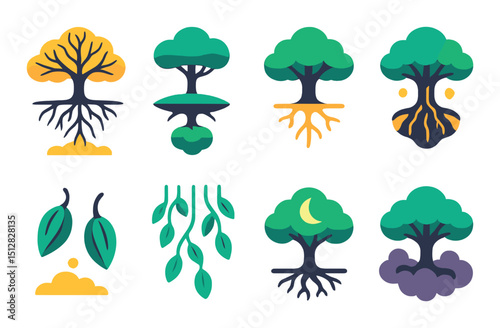 Nature and environment flat icon set. forest and tree symbols for eco-friendly designs