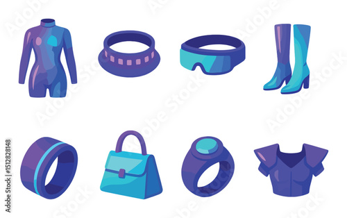 Futuristic fashion icon set: flat style accessories for modern and sci-fi themes