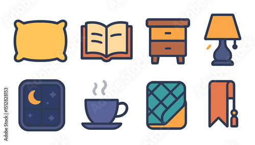 Bedtime reading flat icon set. sleep, relaxation and nighttime symbols