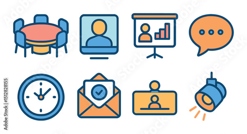 Virtual conference flat icon set. online meeting and webinar symbols