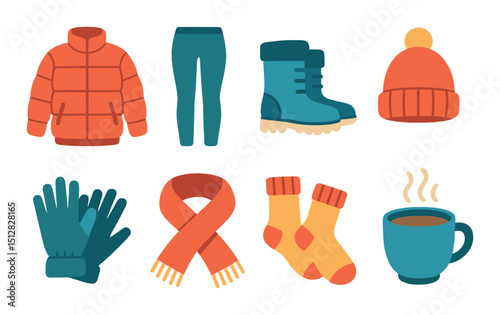 Cozy winter icon set in flat style. warmth, comfort, seasonal elements collection