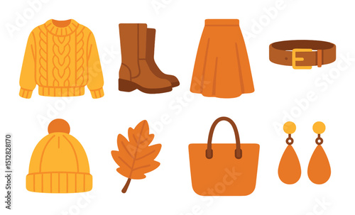 Autumn fashion icon set in flat style. cozy fall apparel and accessory symbols