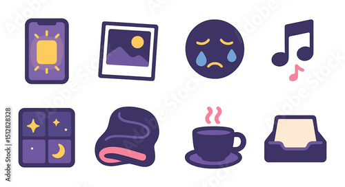 Night reflection flat icon set. evening relaxation and calm symbols collection
