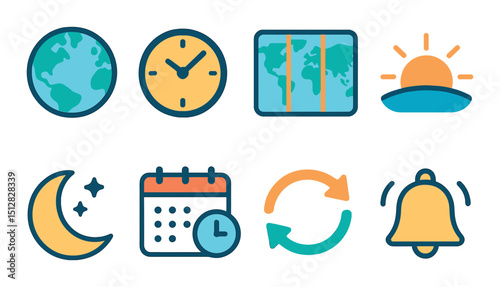 Time zone flat icon set. clocks and world timekeeping symbols
