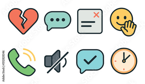 Breakup and communication icon set. flat style symbols for chat and conversation
